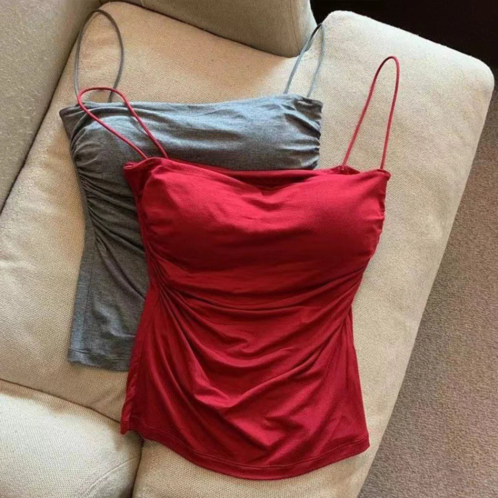 Summer Slim Fit Tank Top With With Built In Bra For Women Ultral-thin Strap Sleeveless T-shirt  Solid Color Female Crop Top