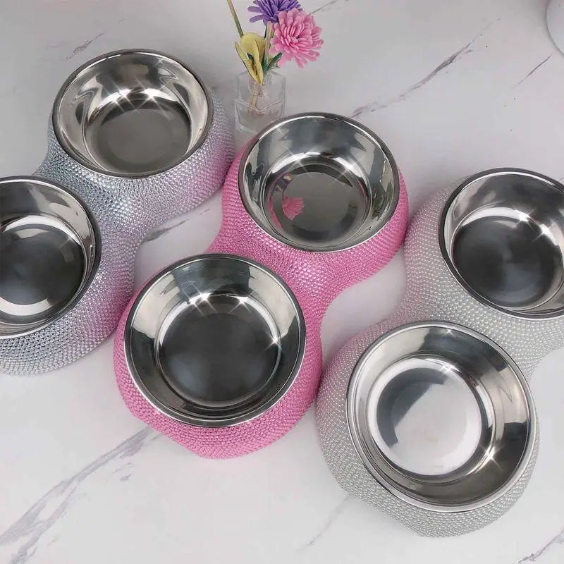 Rhinestone Dog Bowl Pet Supplies Bling Rhinestones Stainless Steel Pet Bowls Double Food Water Feeder For Pets Puppies Cats