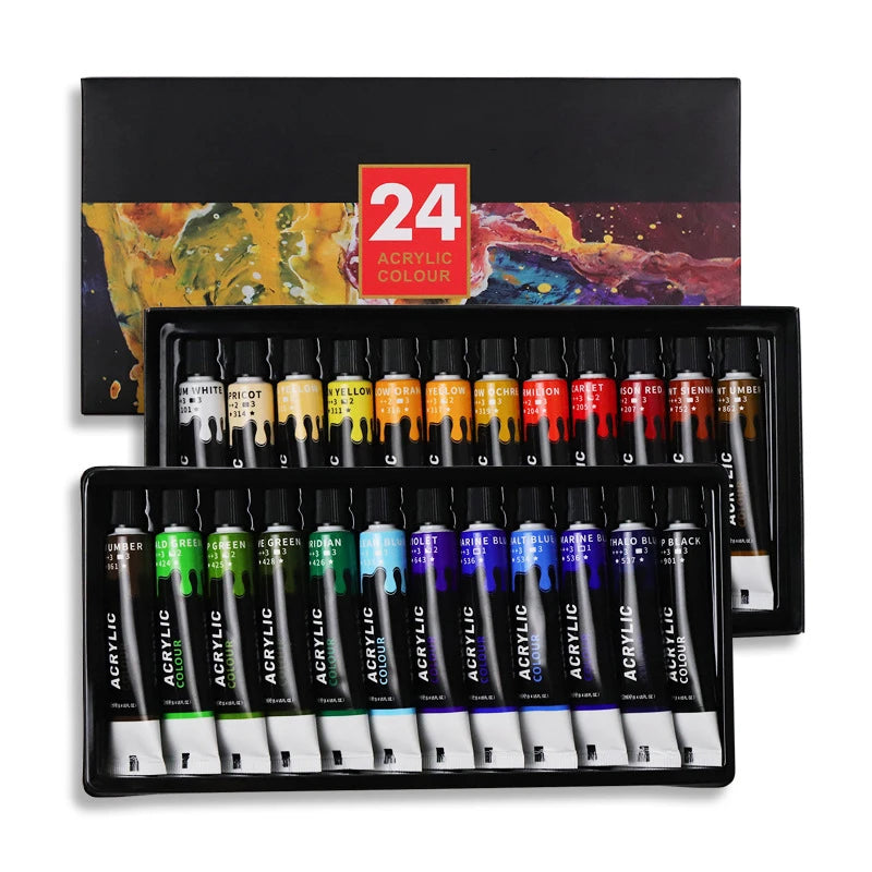 Acrylic Paints 12/24 Colors Professional Set 12ml Tubes Artist Drawing Gouache Fabric Glass Oil water color Paint Art supplies