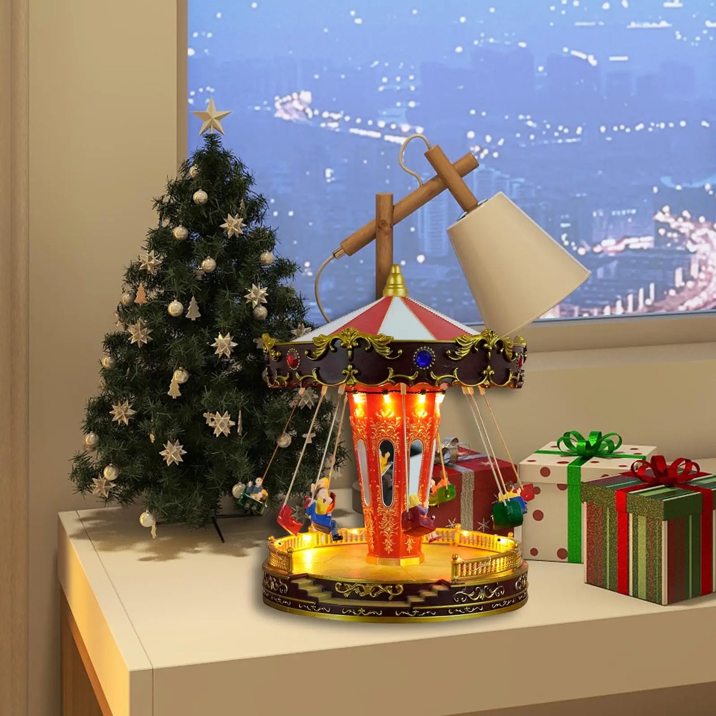 Rotatable LED Christmas Carousel Statue Music Box Decoration Table Centerpiece for Birthday Valentine's Day Children Xmas Gifts