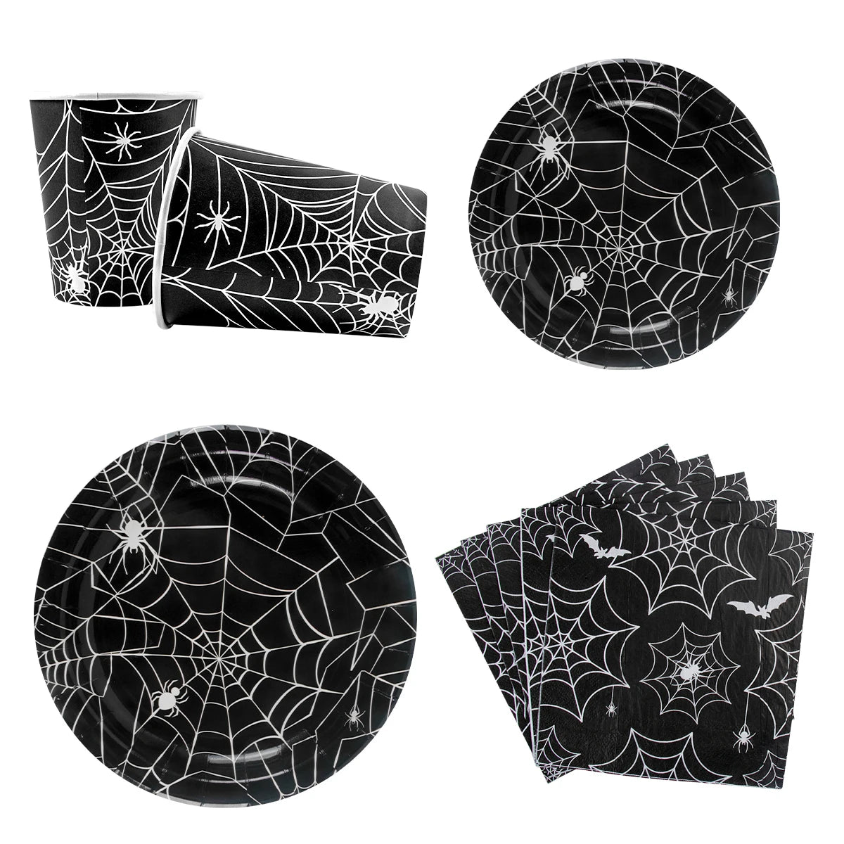 Halloween Spider Web Disposable Tableware Set Paper Black Plates Napkins Cup Banner Halloween Birthday Party Decoration Supplies