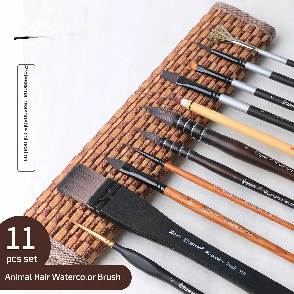 11 Pcs Animal Hair Brush Bamboo Curtain  Set Nylon Hair Watercolor Fan-shaped Pigment Board Brush Professional Grade Paintbrush