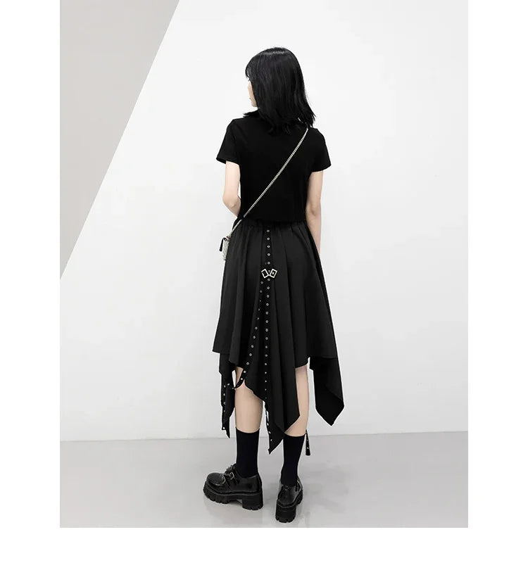 Gothic Irregular Skirts Women Harajuku Vintage Punk High Waist Cargo Midi Skirt Japanese Black Pleated Casual A Line Skirt