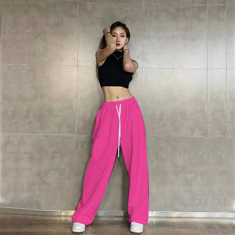 Hip Hop Leggings Sports Women's Spring and Autumn Patchwork High Waisted Drawstring Pockets Solid Color Loose Casual Jazz Pants