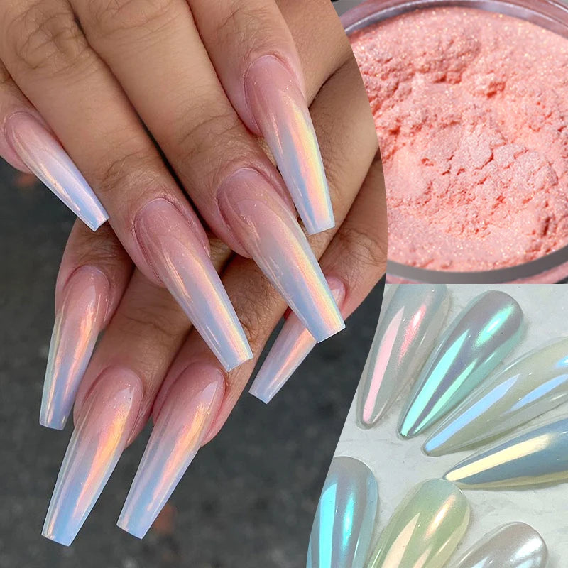 Aurora Pearl Nude Pink White Nails Glitter Dust Chrome Moonlight White Rubbing on Powder Shell Mirror Pigment Nail Art Supplies