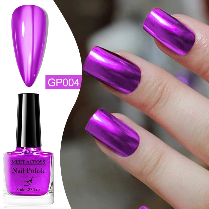 MEET ACROSS 8ml Dark Purple Glass Bottle Mirror Metallic Nail Polish Super Bright Metallic Effect Nail Art Varnish No Need Lamp