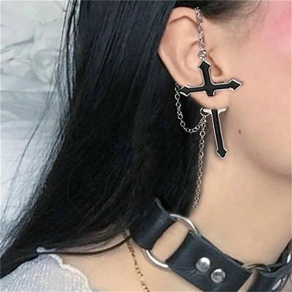 1Pc Vintage Black Cross Earrings For Women Hip hop Rock Piercing Chain Clip Earrings Girls Party Jewelry Gift