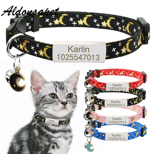 Personalized Name Tag Cat Collar Bell Custom Nameplate Safety Breakaway Cat Collar Adjustable Cute Star Moon Cat Collar Necklace