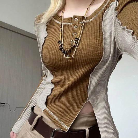 Knitted Slim Tshirt Top for Women 2024 Tee Crop Cotton Crochet Woman T-shirt Clothing V Neck with Sleeves Beautiful Trend New In