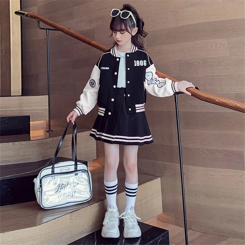 Girls Sports Clothing Suit Spring Autumn Baseball Sets Children Jacket Pleated Skirt 2Pcs Kids Fashion Outfits 4-14 Years