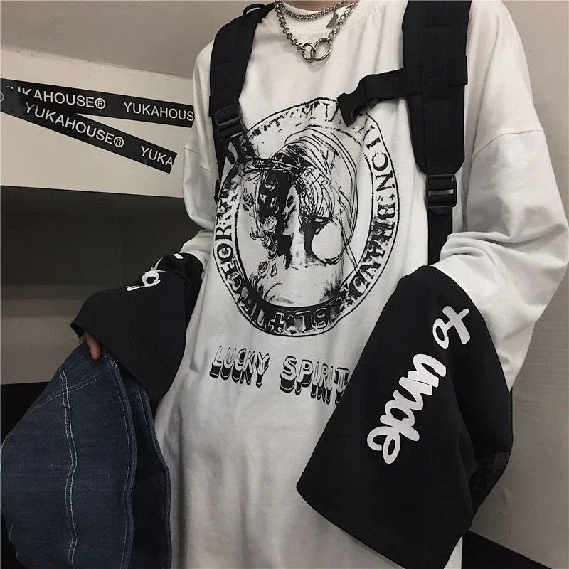 T Shirt for Men Men Long Sleeve T-shirt Unisex Print Hip-pop High Street Baggy Vintage Tee Gothic Casual Men Y2k Tops Streetwear