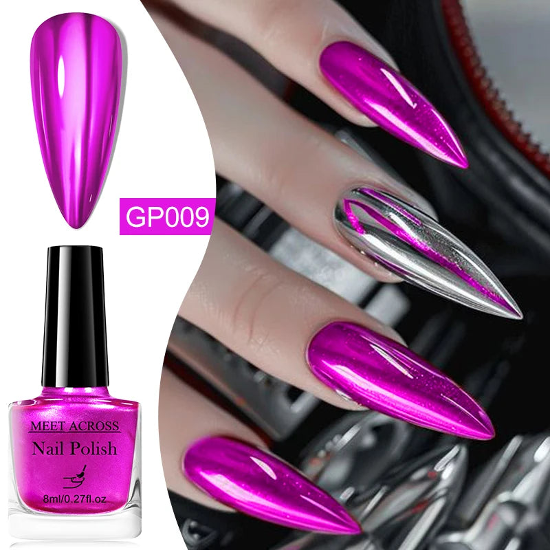 MEET ACROSS 8ml Dark Purple Glass Bottle Mirror Metallic Nail Polish Super Bright Metallic Effect Nail Art Varnish No Need Lamp