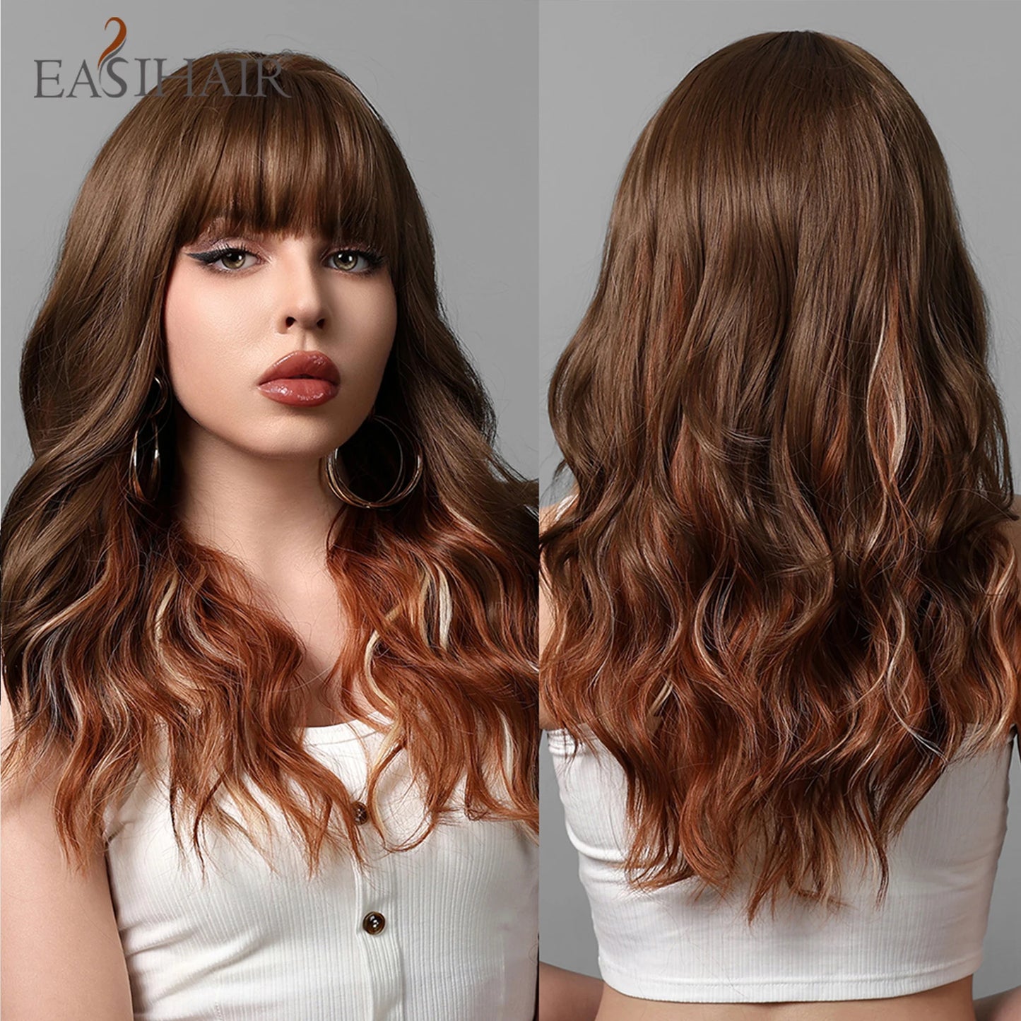 EASIHAIR Long Wavy Brown Synthetic Wigs for Women Dark Brown Wigs With Side Bangs Natural Hair for Daily Use Heat Resistant Wig