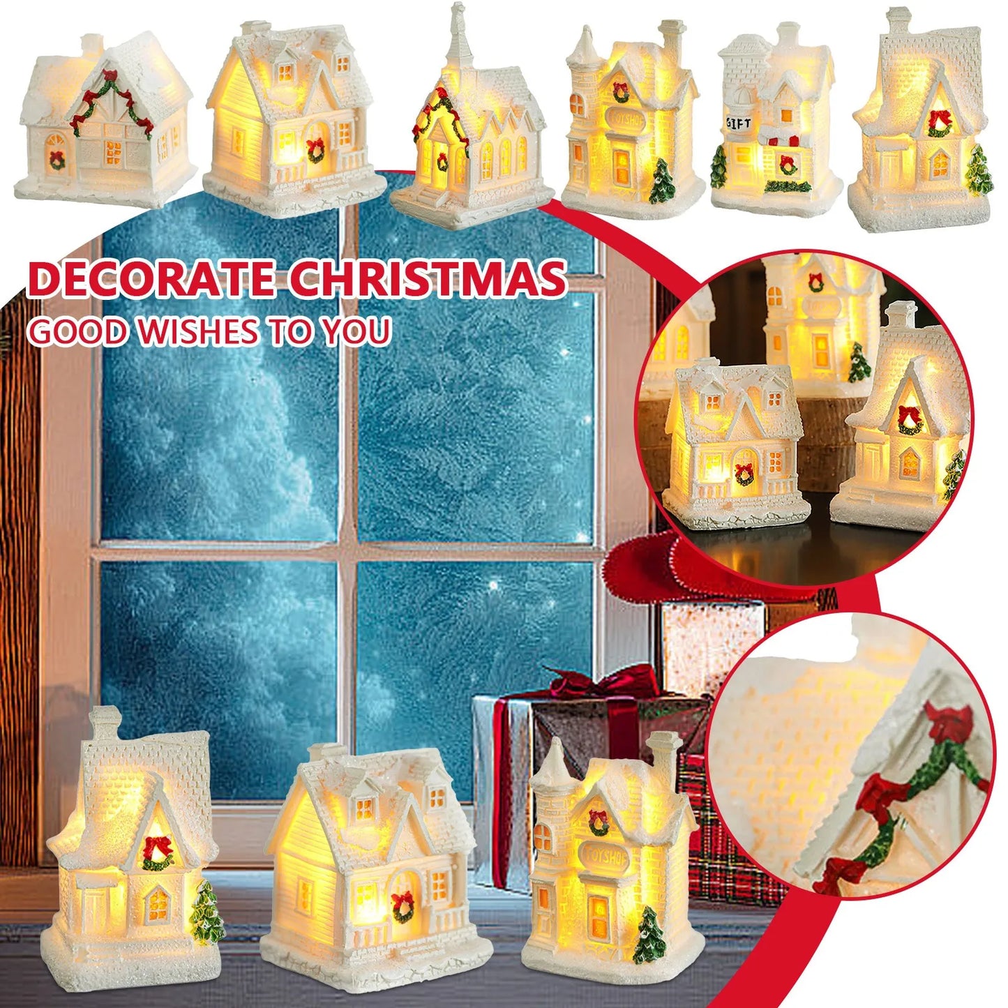 New Christmas Village Lights Up House Ornament LED Lights Up White Christmas Village House Set for Xmas Home Interior Decoration