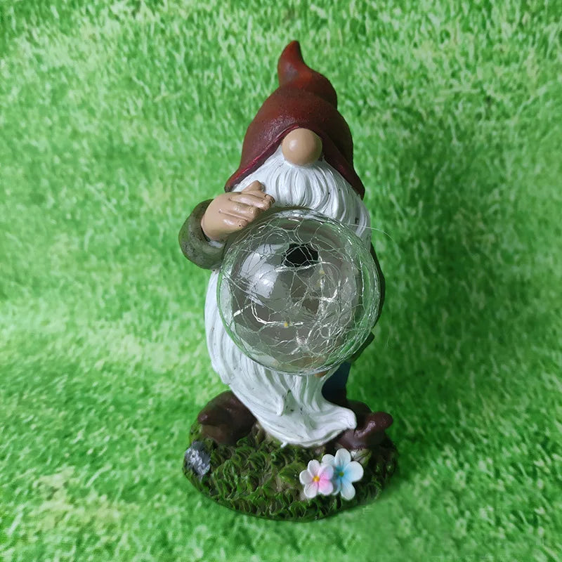 Garden Decoration Solar Light  RESIN Flocked Gnome Statue LED Lamp Outdoor Dwarf Figurine Sculpture Latern for Patio Lawn Yard