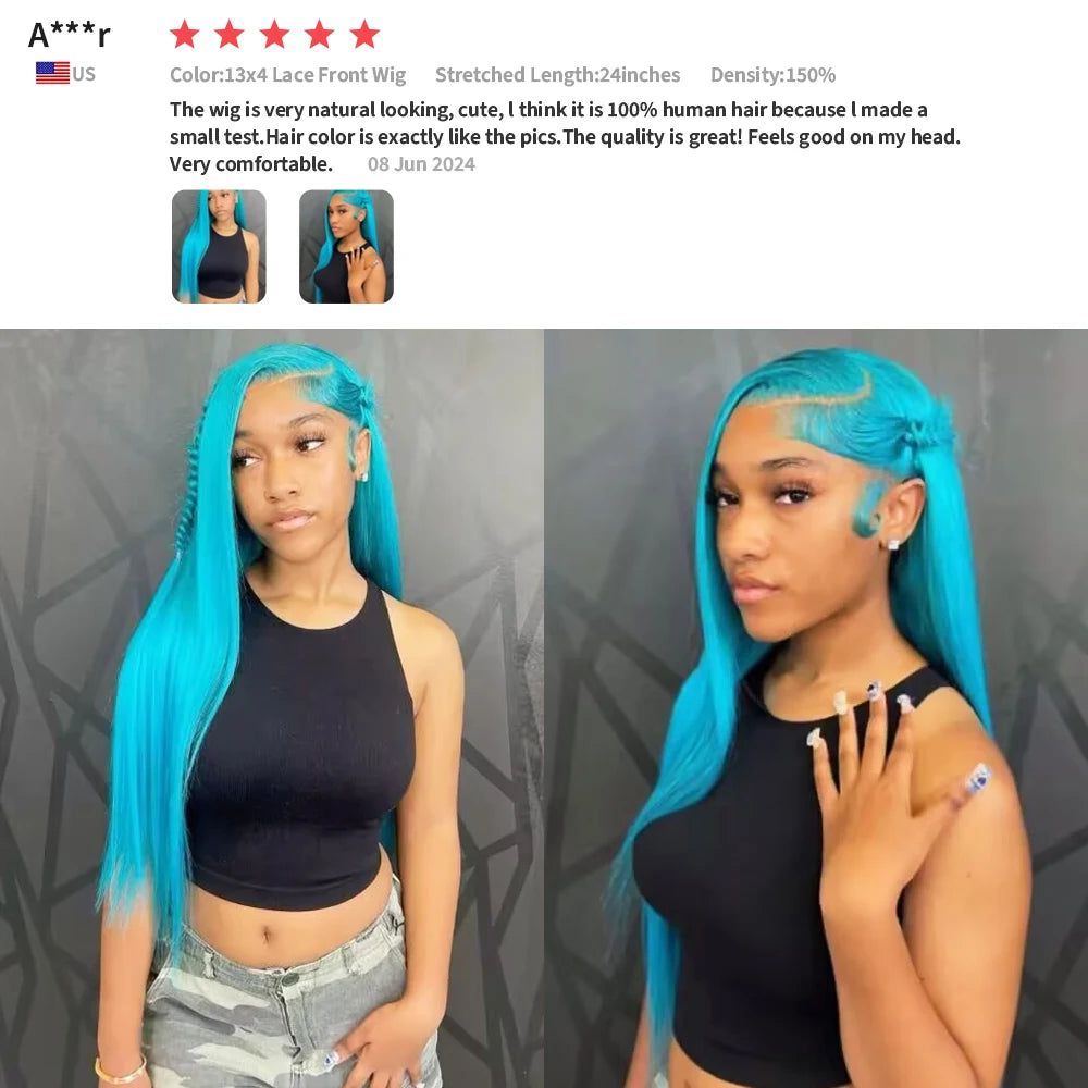 Brazilian Real Hair Blue Color Straight Human Hair Wigs 13×4 13*6 Transparent Lace Frontal Hair Wigs For Women Lace Wigs 250