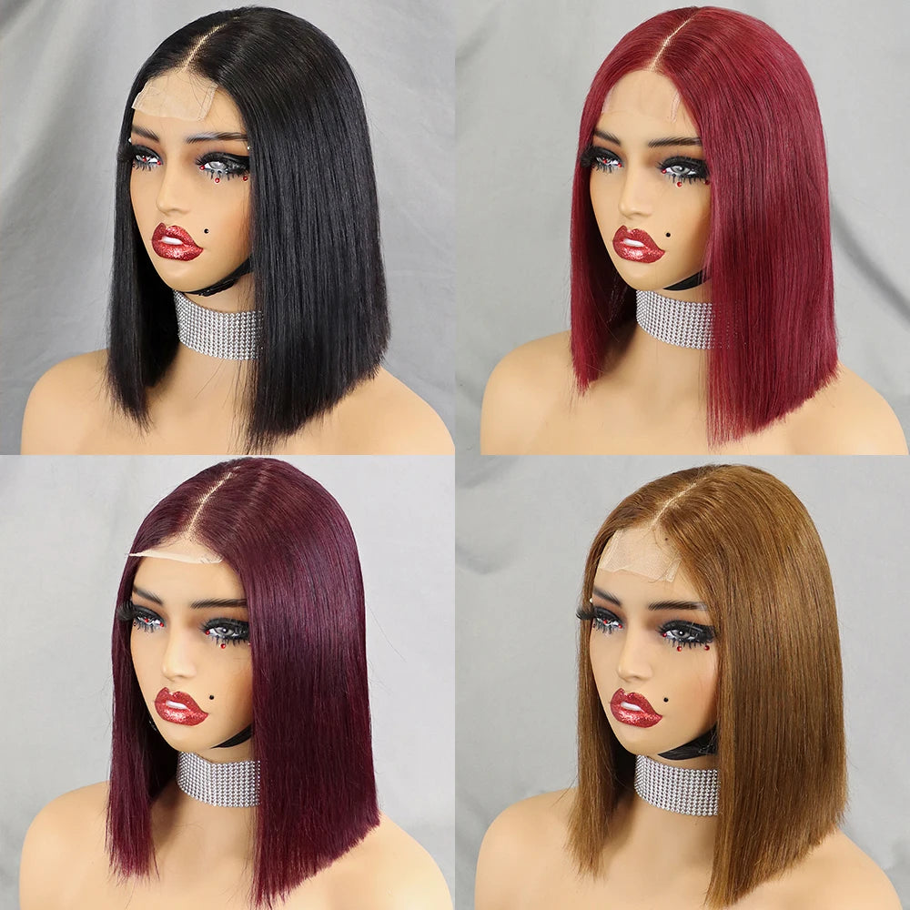 Double Drawn 12A Hair 350% Density Straight Bob Human Hair Wig Glueless 99J Bug 2x6 HD Lace Closure Frontal Wigs for Women