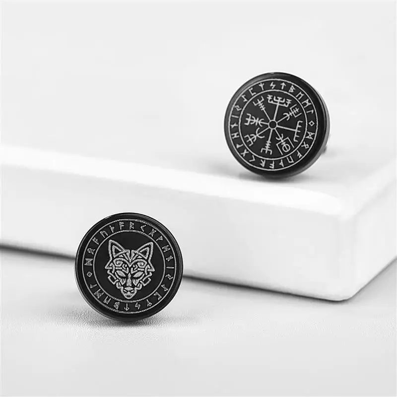 1 Pair Gothic Viking Runes Stud Earrings for Men Boys Rock Punk Stainless Steel Wolf Head Compass Celtic Knot Earrings