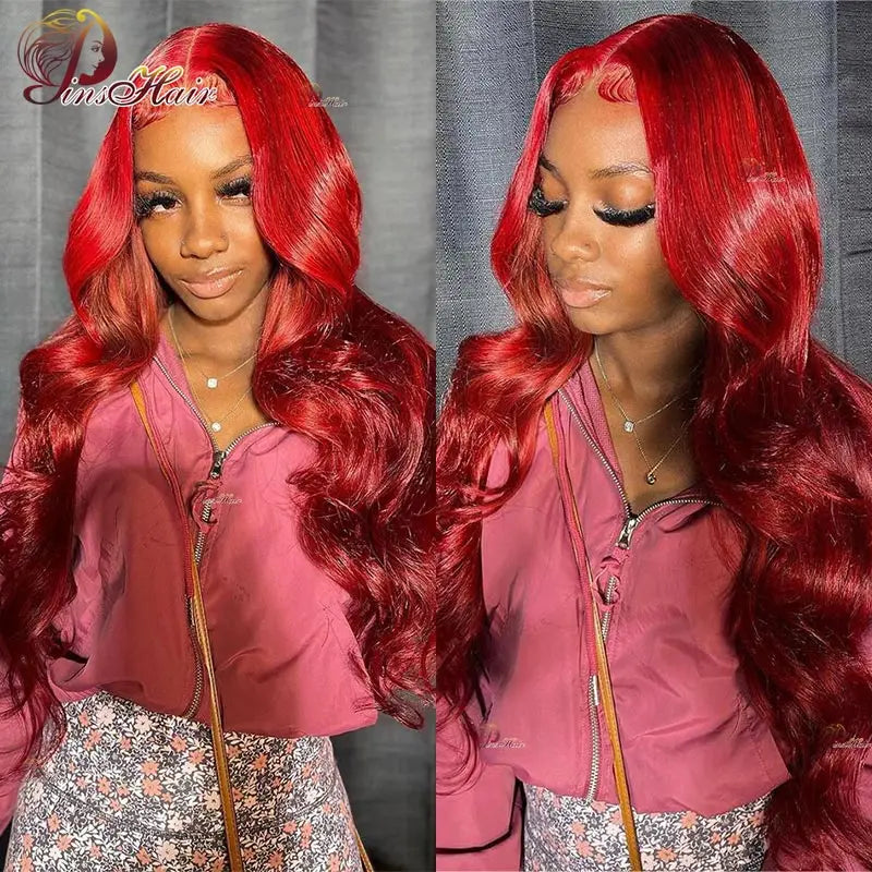 Red Body Wave Lace Front Human Hair Wigs 13x6 Transparent Lace Frontal Wig Burgundy Color Remy Human Hair Pre Plucked 34 inches