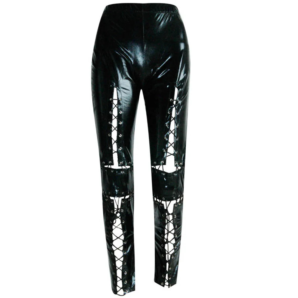 Women Leather Lace Up Leggings Gothic Long Pants Lace Up Front Trousers Legins Punk Rock Leggings Faux Leather Pants