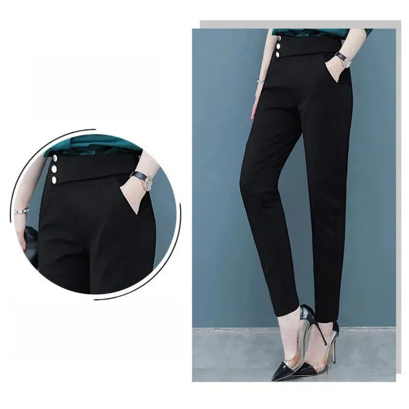 Pencil Trousers Spring Autumn Solid Color Button Elastic High Waisted Pockets Casual Women's Clothing Korean Fashion Pants