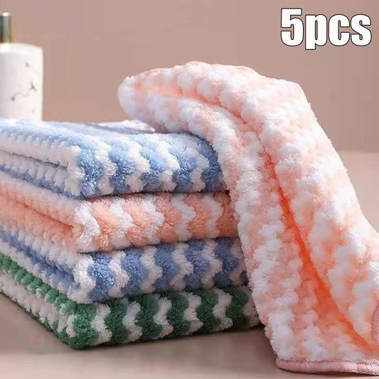 5Pcs/Set Kitchen Cleaning Rag Coral Fleece Dish Washing Cloth Super Absorbent Scouring Pad Dry Wet Kitchen Cleaning Towels