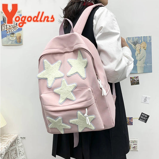 Women's Casual School Backpack Cute Five-Pointed Star School Bags For Teenagers Girls Students Korean Style Laptop Bag