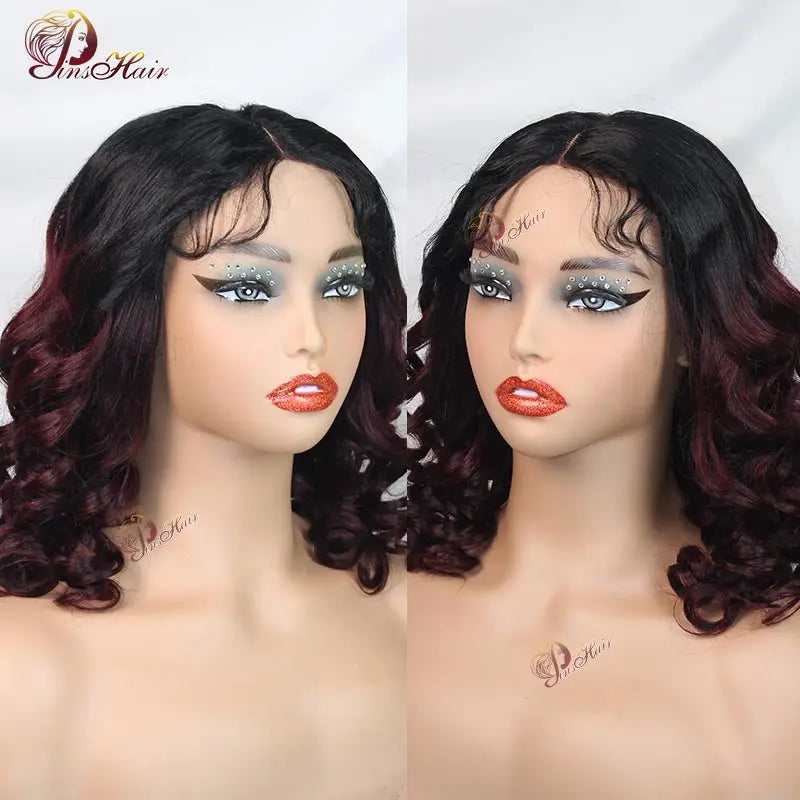 T1B Burgundy Short Ombre Loose Wave Hair Wig 4x4 Lace Frontal Wig For Black Women 99J Human Hair With Baby Hair Lace Closure Wig