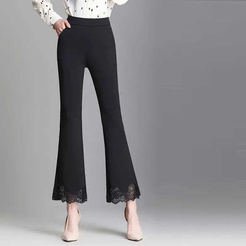 Woman Splicing Lace Fashion Trousers Spring Autumn Thin Office Lady Pocket High Waist Elastic 4XL Loose Female Flare Pants 2022