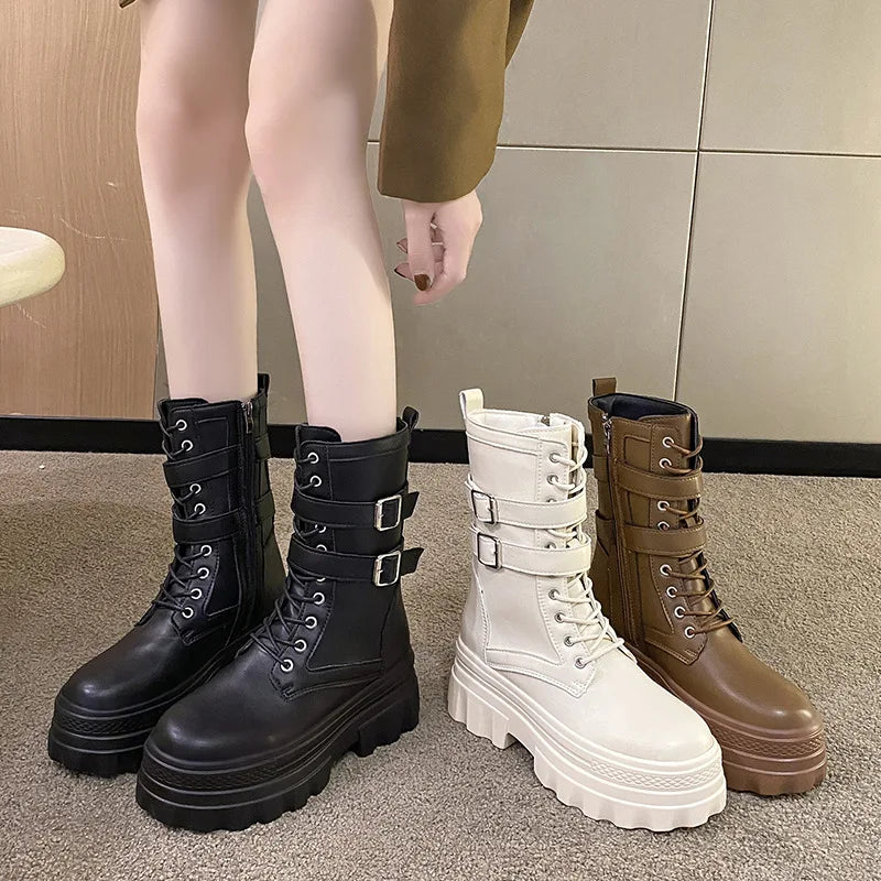 WOMEN ANKLE BOOTS Goth Boots Woman Winter 2023 Platform Shoes Sneakers Studded Belt Buckle Punk Army Chunky Heels Mid Calf Boots