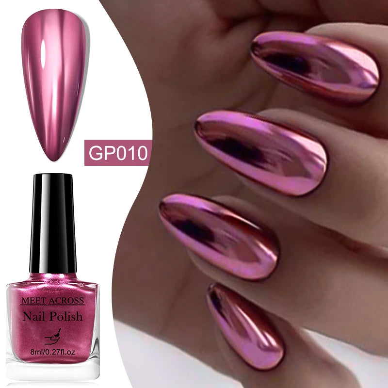 MEET ACROSS 8ml Dark Purple Glass Bottle Mirror Metallic Nail Polish Super Bright Metallic Effect Nail Art Varnish No Need Lamp