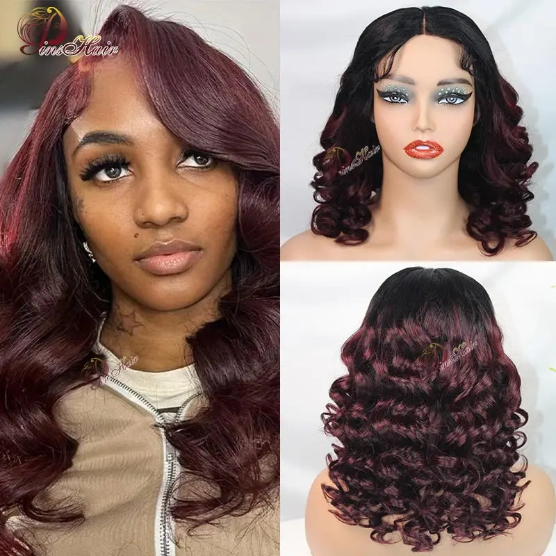 T1B Burgundy Short Ombre Loose Wave Hair Wig 4x4 Lace Frontal Wig For Black Women 99J Human Hair With Baby Hair Lace Closure Wig