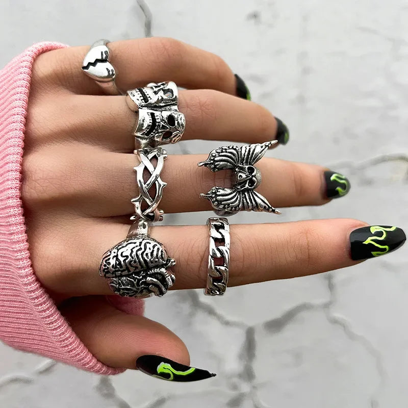 7pcs Set Punk Hip Hop Stainless Steel Men Ring Vintage Spider Bat Skull Two-headed Snake Opening Rings Jewelry Gothic Accesorios