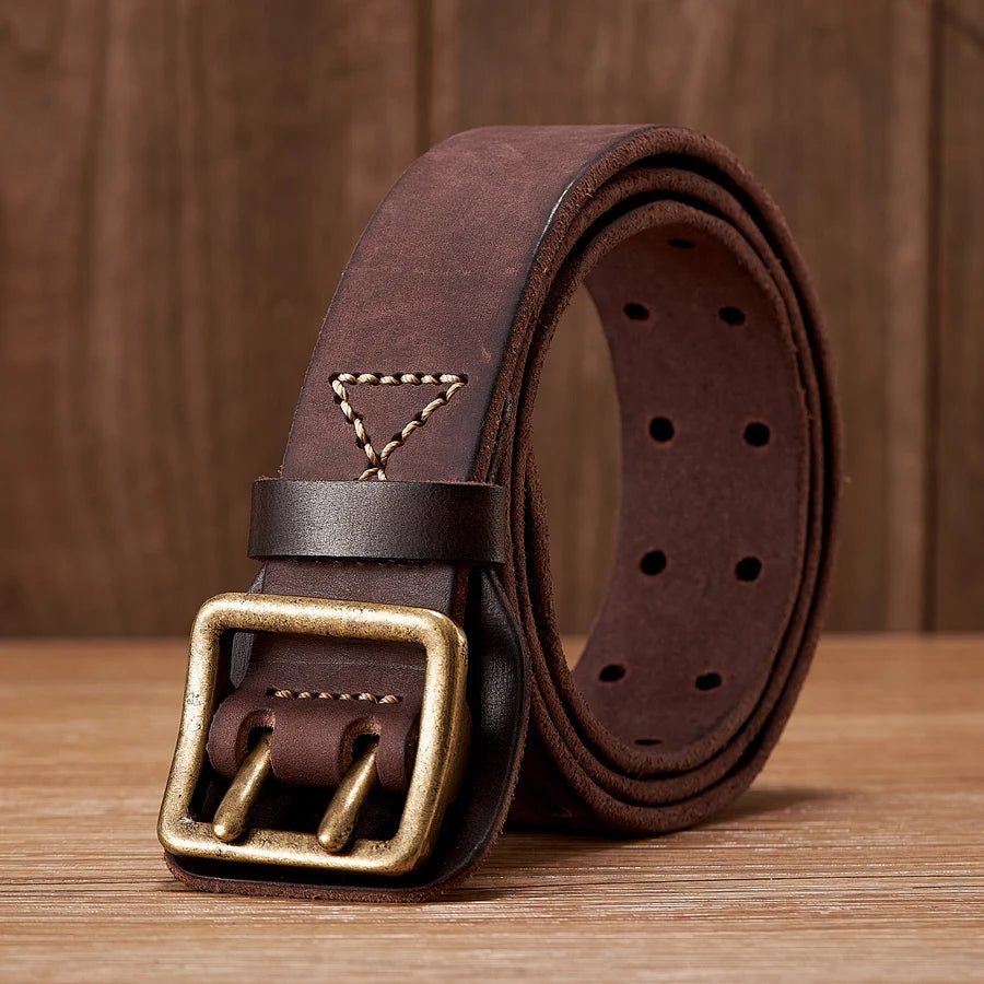 Thick Original Leather Belt Vintage Men Wide Belt Male Cowhide Real Genuine Leather Double Prong Buckle Strap Cowboy Jeans Belt