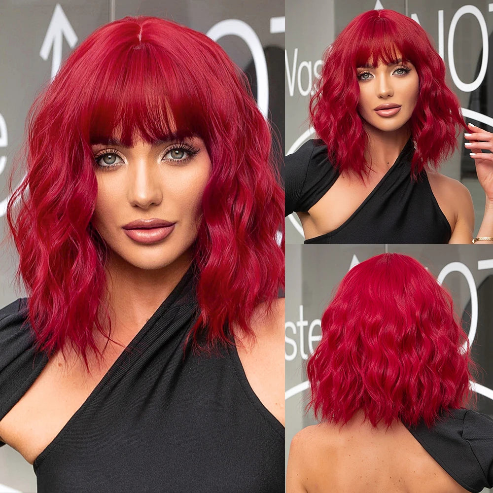 ALAN EATON Auburn Synthetic Wigs with Bangs Short Wavy Wig Red Brown Curly Hair for Party Cosplay Heat Resistant Fiber Wig