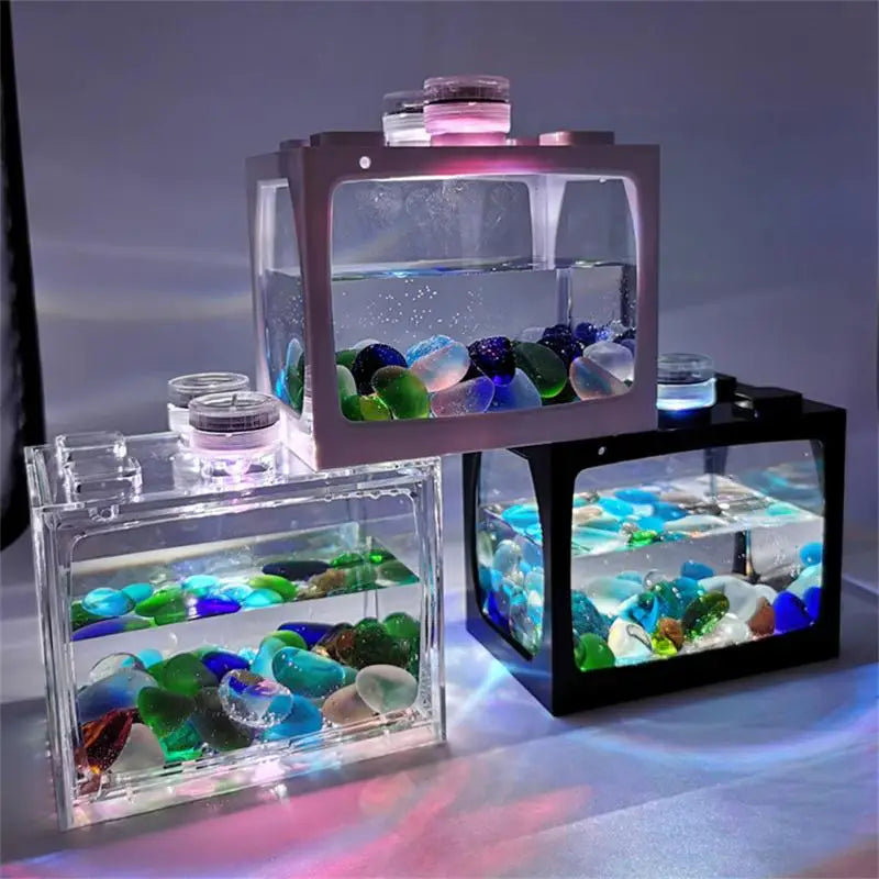 1/2PCS New Small Fish Tank With Seven-color LED Lights Desktop Creative Micro Landscape Ecological Tank Mini Tropical Fish