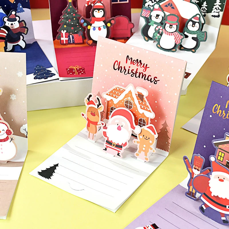 1set Merry Christmas 3D Pop UP Greeting Cards With Envelope Christmas Thank You Invitation Blessing Postcard New Year Xmas Noel