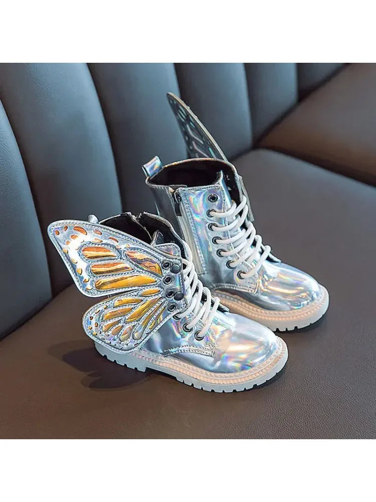 Children's Fashion Boots 2023 Spring New Girls Martin Boots Colorful Butterfly-knot Wings Mid-calf High Shoes Princess Boots