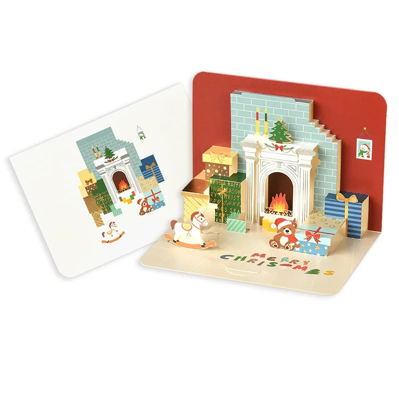 2pcs Christmas Card 3D Pop Up Christmas Eve Card New Year Winter Holiday Greeting Cards with Envelopes