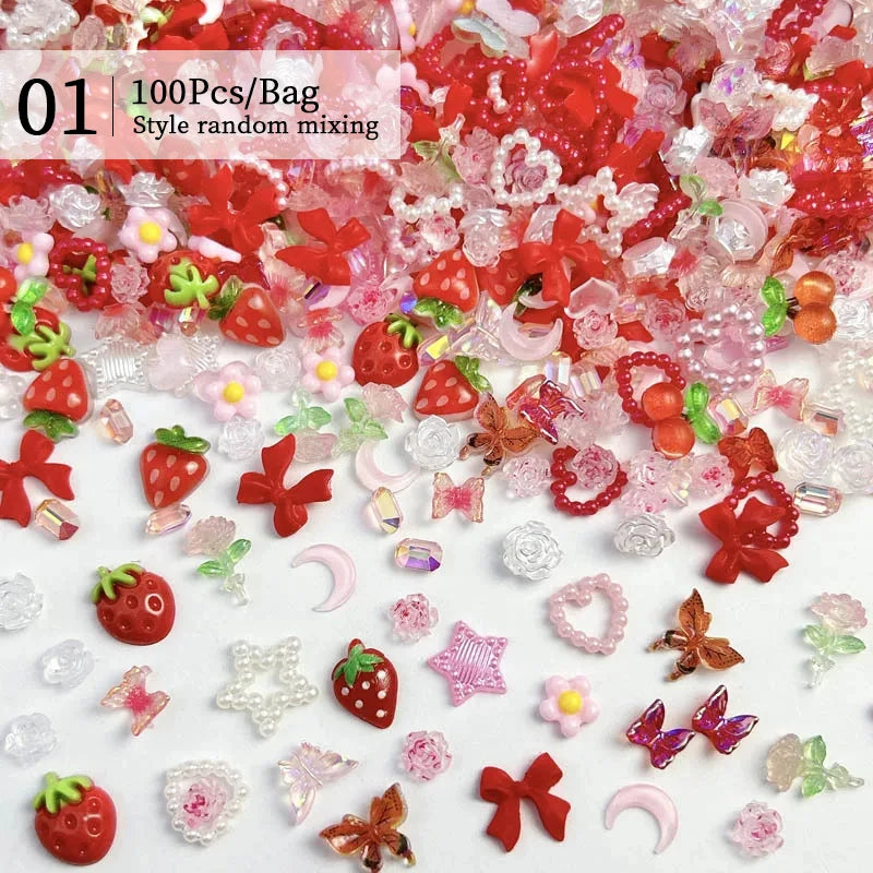 100Pcs Mixed Pink White Resin Hollow Pearl 3D Nail Charm Acrylic Love Heart Bowknot Pentagram Nail Accessories For Manicure Deco