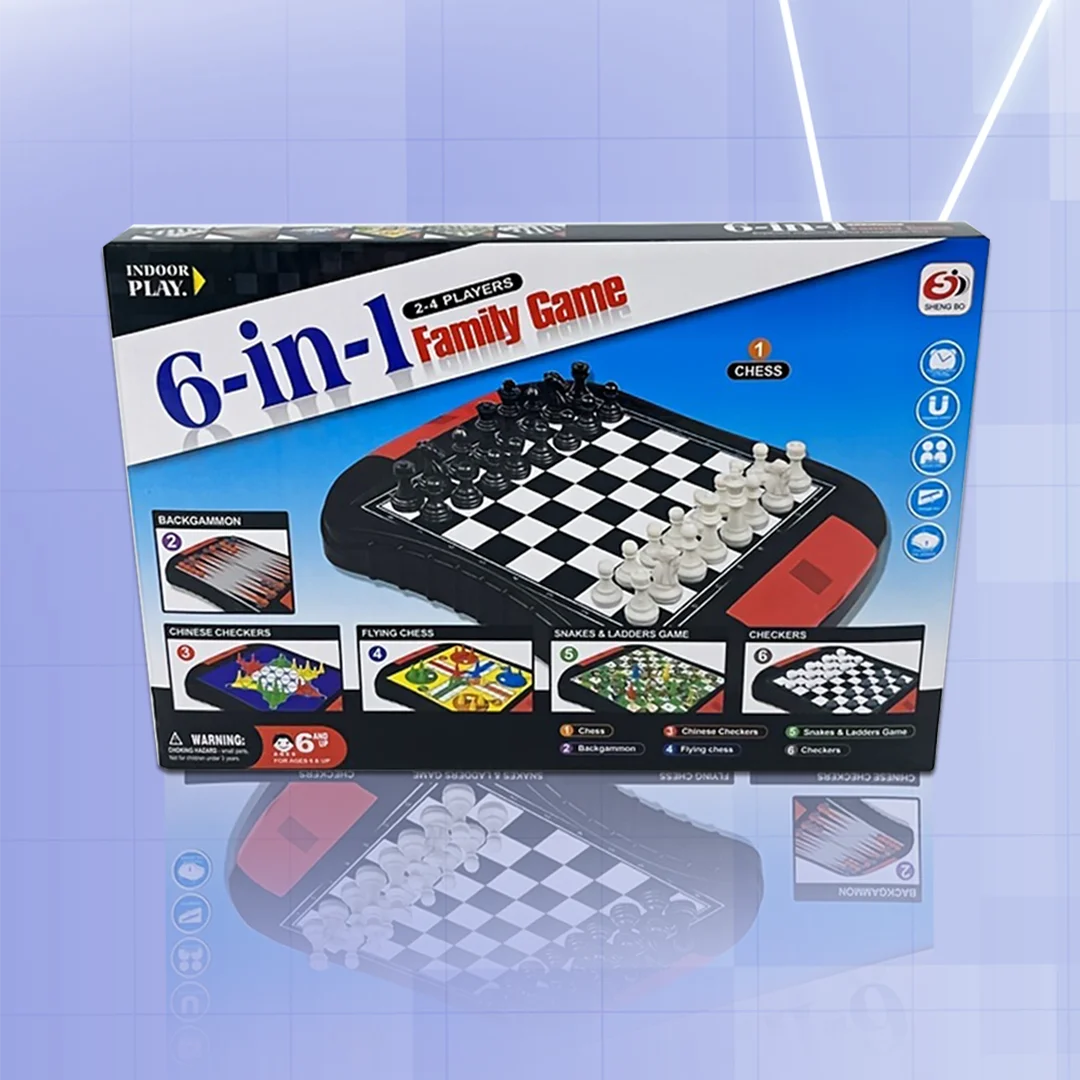 Multifunctional 6-in-1 Family Board Game Collection - Chess, Backgammon, Chinese Checkers, Ludo, Snakes & Ladders, Checkers