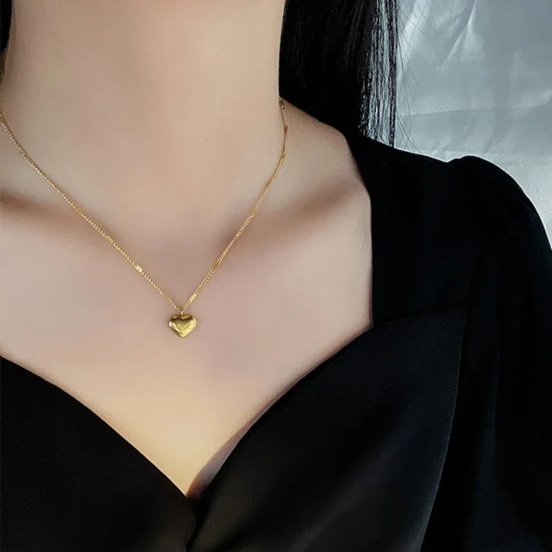 Classic Three-dimensional Love Heart Pendant Necklace for Women Luxury Gold Color Stainless Steel Chain Choker Jewelry Wholesale