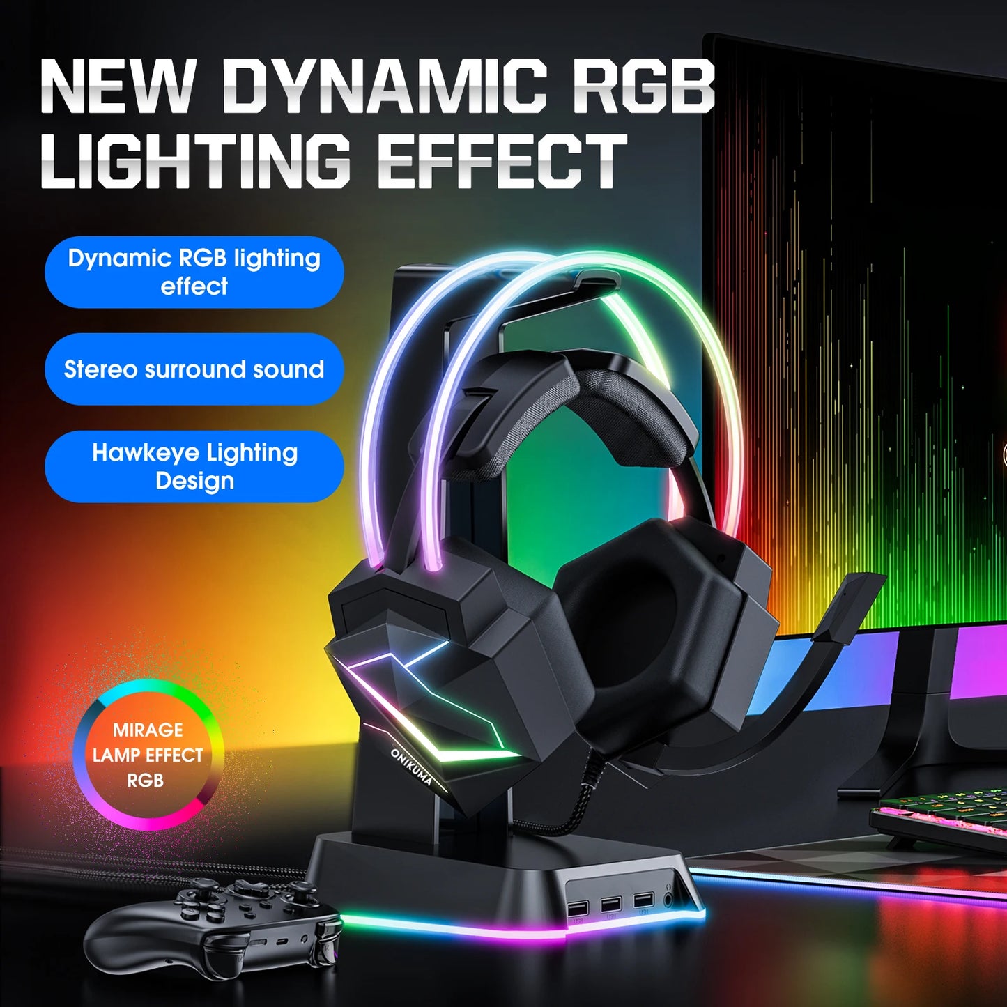 ONIKUMA X20 Wired Gaming Headset with RGB Head Beam Surround Sound Over-Ear Wired Headset Gamer with Mice for PC Gaming Xbox