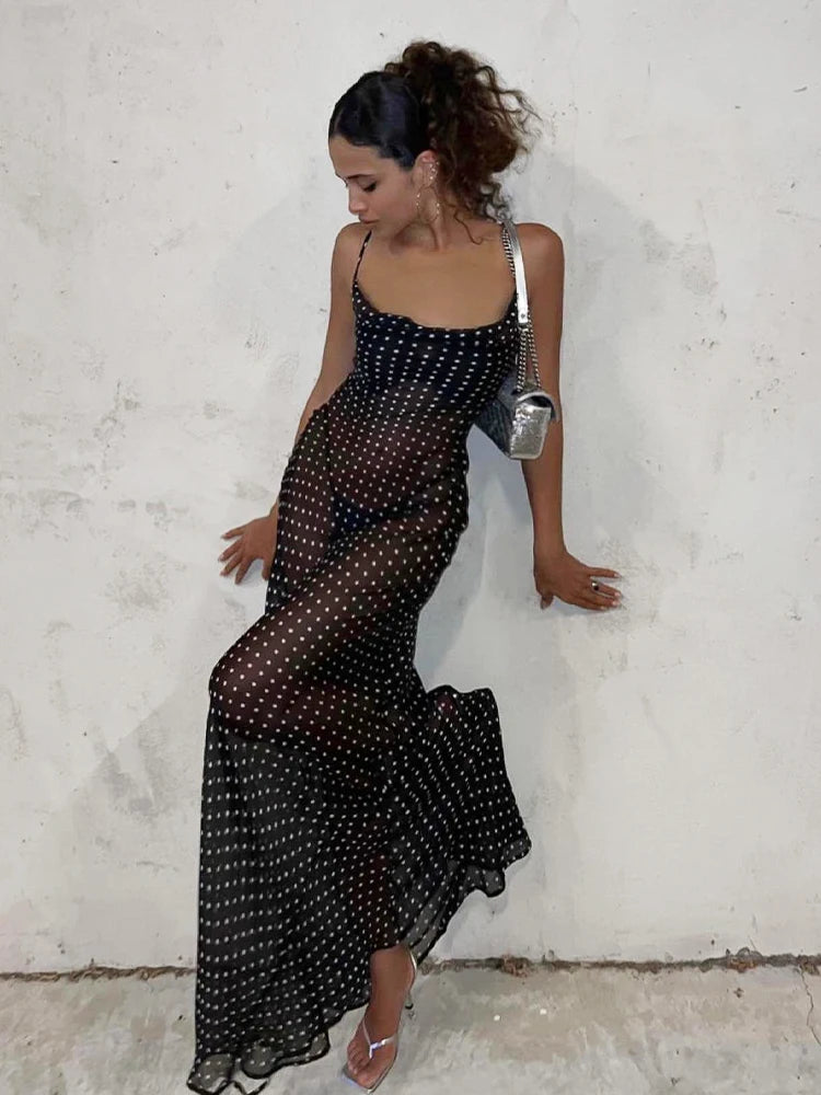 2025 Black Fashion Polka Dots Sundress Sexy See Through Spaghetti Strap Maxi Dress Women Summer Clothes Party Slip Dresses A1259