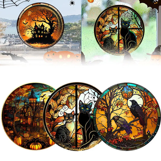 Halloween Stained Window Glass Stickers Colorful Horror Castle Cat Static PVC Glue Free Decorative Film Party Home Decoration