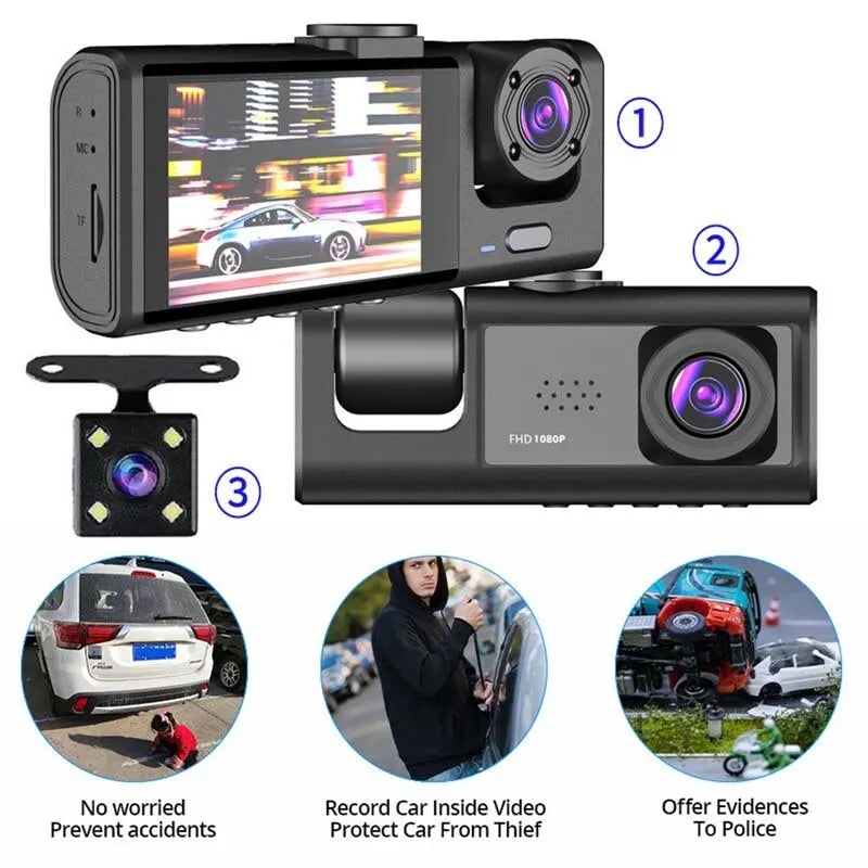 Dash Cam 1080P Car Video Recorder W/ IR Night Vision Loop Recording & 2" IPS Screen 1080P 3 Camera Black Box