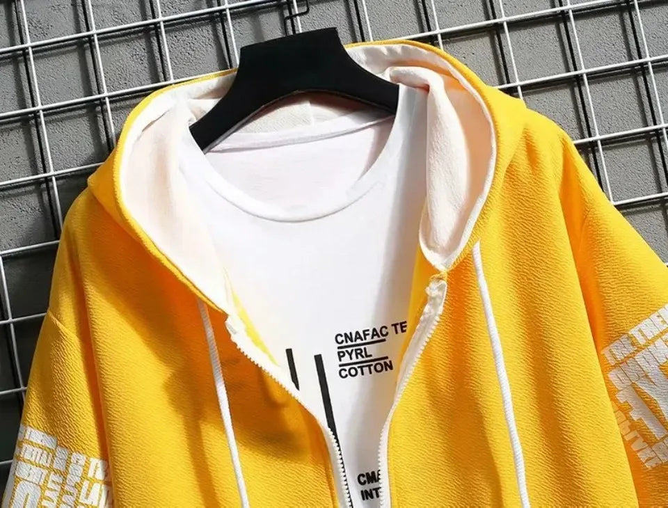 Set for Men Summer Men's Sports Suit 2-piece Print T-shirt Casual Hooded Quick Dry Running Long Pant Clothes Short Sleeve Shorts