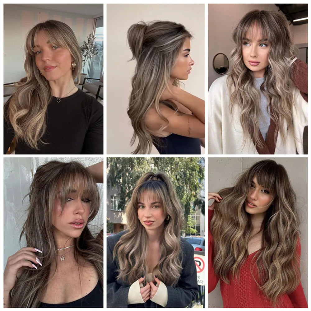 ALAN EATON Brown Highlight Long Wave Wigs for Women Synthetic Wig with Bangs Ombre Mixed Color Natural Looking Hair for Daily