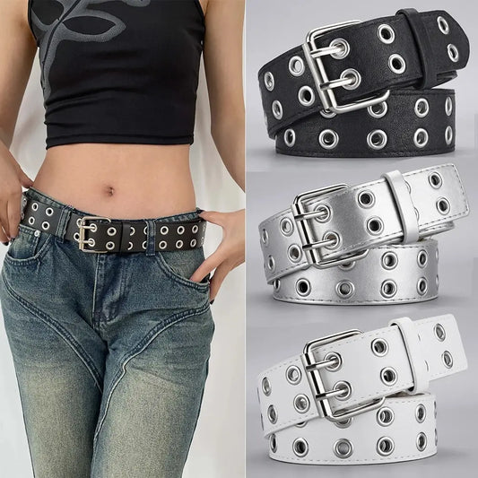 1pc Women's Belt Trend Simple Double Hole Men Belt Punk Hip Hop Rock Style Subculture Y2K Belt Punch Free Belt for Men and Women