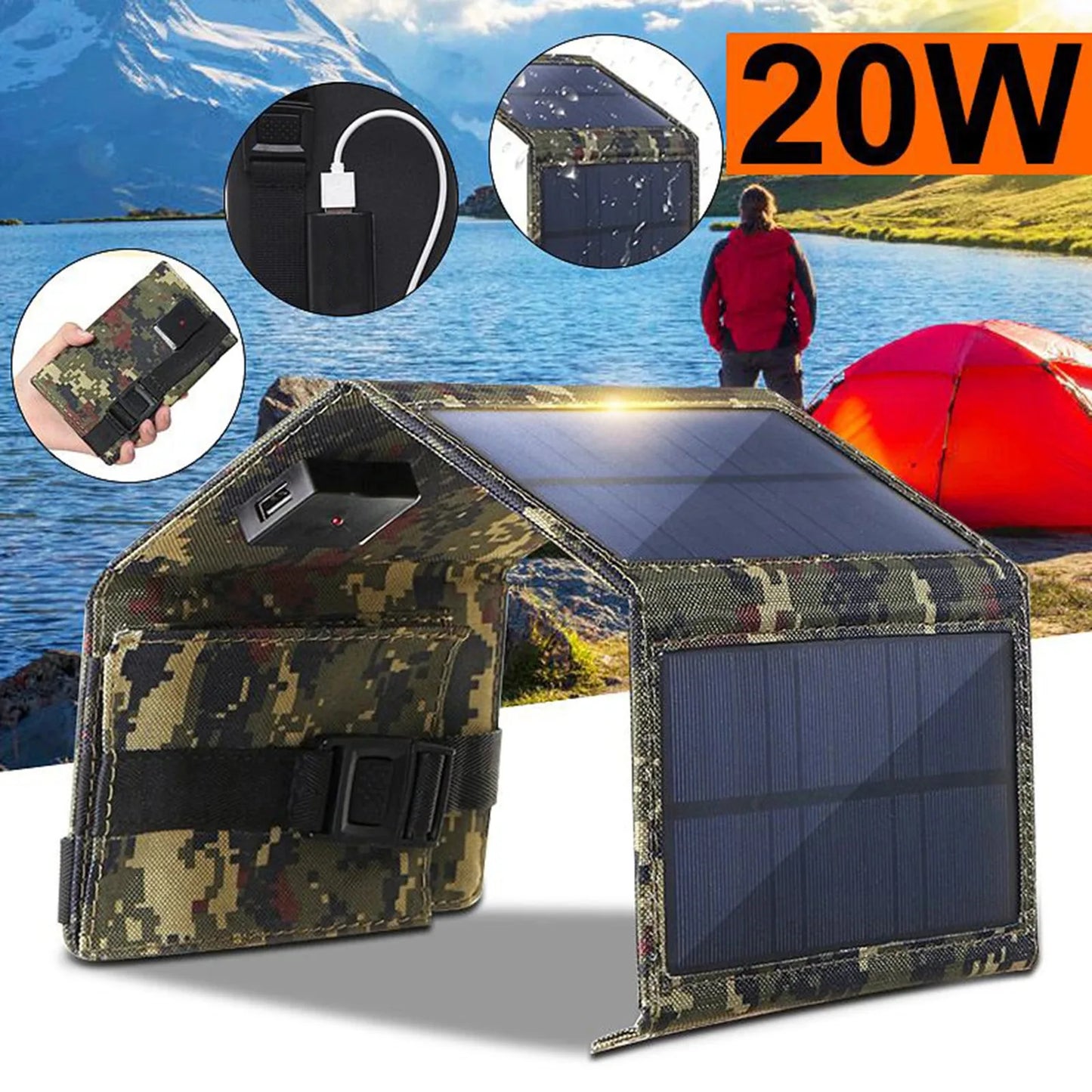 20W 5V Foldable USB Solar Panel Battery Portable Outdoor Mobile Phone Power Battery Charger camping equipment  hiking